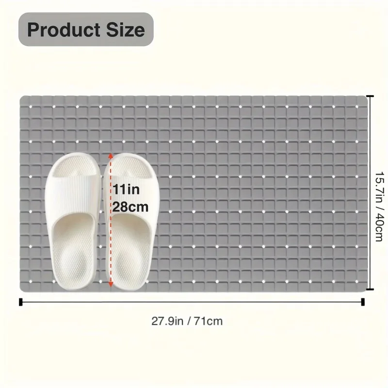 1pc PVC Non-Slip Bath Mat with Suction Cups with Drain Holes, 27.9*15.7inch/71x40cm Shower Mat Safe Mat, Bathroom Mat, Easy Dry