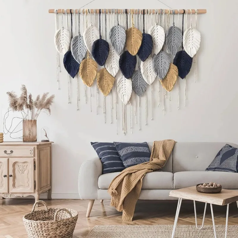 Boho Home Decoration, Macrame Tapestry Macrame Leaf Feather Wall Hanging Decor for Living Room Bedroom, Boho Wall Art Home Decor - Image 4