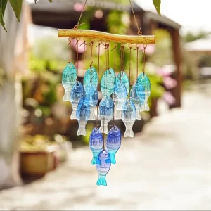 Blue Glass Sea Wind Chimes, Outdoor Glass Wind Chimes, Handcrafted Fish Chimes, Large Glass Wind Beach Parties, Wed