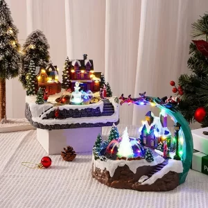 Christmas Snow Scene Village House Ornaments Music Fountain Sculpture for 2024 New Year Xmas Decor Holiday Landscape Lighting