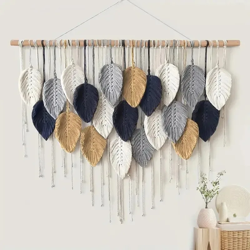 Boho Home Decoration, Macrame Tapestry Macrame Leaf Feather Wall Hanging Decor for Living Room Bedroom, Boho Wall Art Home Decor - Image 2